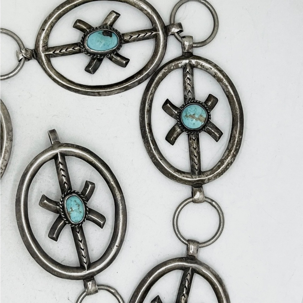 Old Pawn Sand Cast Navajo Sterling Royston Turquoise Belt 36”/ 219.5 grams - Picture 5 of 8